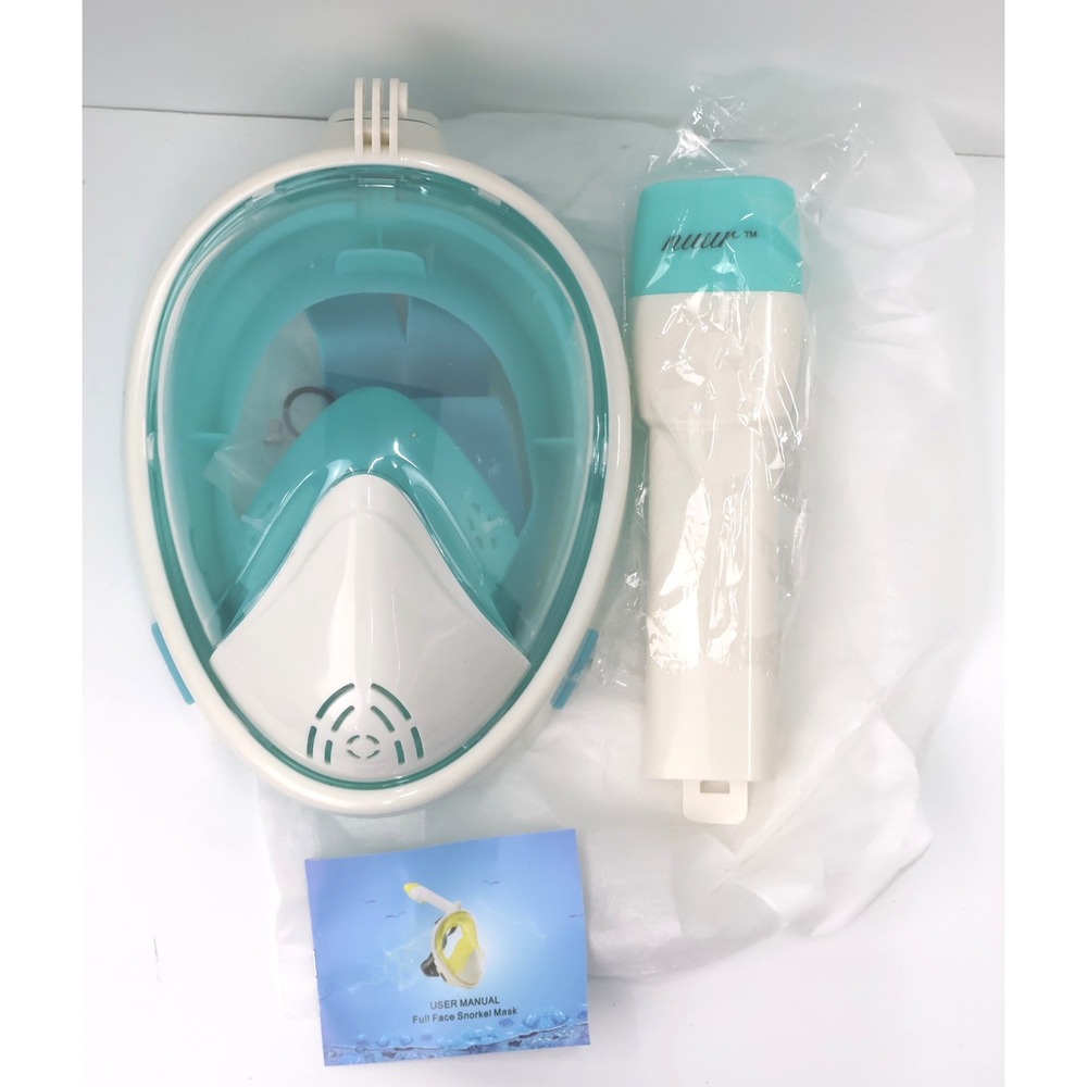 Nuur Full Face Snorkel Mask Unisex S/M Teal White New 180 View Camera Mount